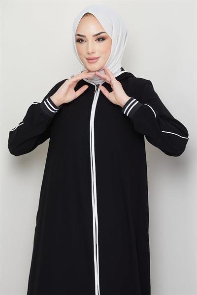 Şeritli Biye Detaylı Ferace Siyah