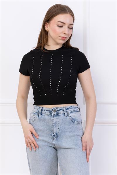 Taş Baskılı Crop Siyah SS2744