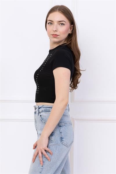 Taş Baskılı Crop Siyah SS2744