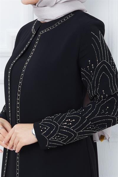 Taşlı Büyük Beden Anne Elbisesi Siyah SS2349