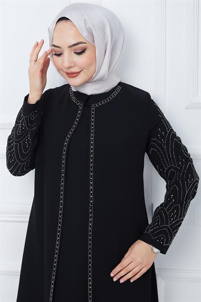 Taşlı Büyük Beden Anne Elbisesi Siyah SS2349