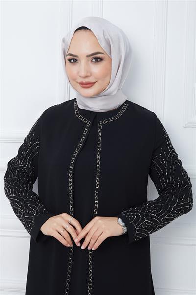 Taşlı Büyük Beden Anne Elbisesi Siyah SS2349