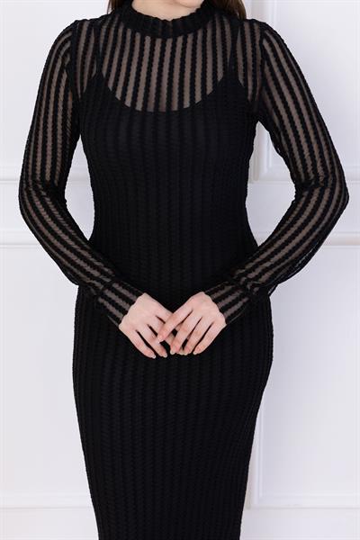 Transparan Elbise Astarlı Siyah SS2745