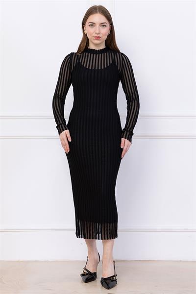 Transparan Elbise Astarlı Siyah SS2745