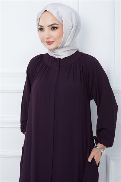 Yakası Büzgü Detaylı Ferace Mürdüm HM2353