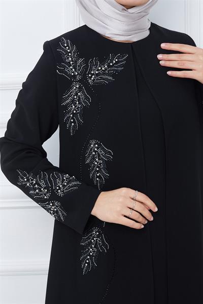 Yaprak Taşlı Büyük Beden Anne Elbisesi Siyah SS2350