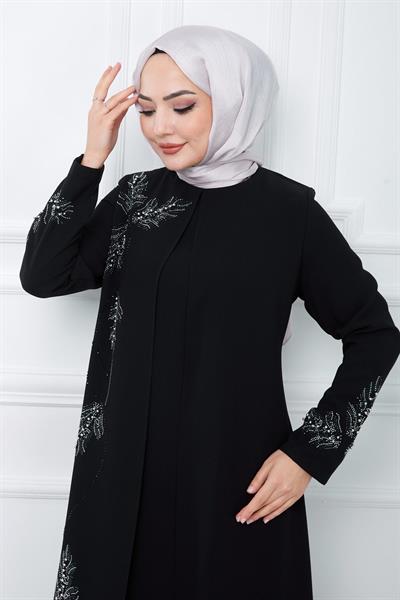 Yaprak Taşlı Büyük Beden Anne Elbisesi Siyah SS2350