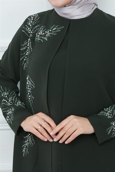 Yaprak Taşlı Büyük Beden Anne Elbisesi Haki SS2350