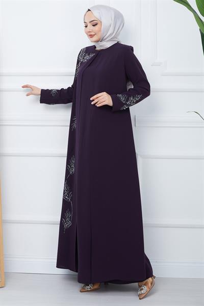 Yaprak Taşlı Büyük Beden Anne Elbisesi Mor SS2350
