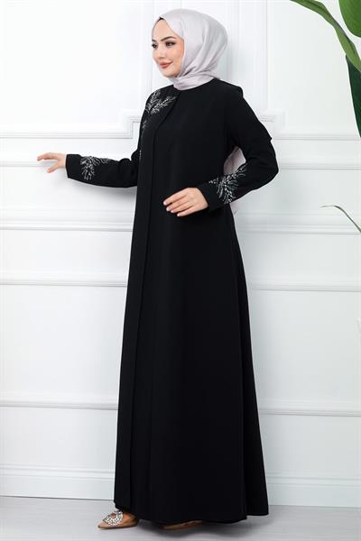 Yaprak Taşlı Büyük Beden Anne Elbisesi Siyah SS2350
