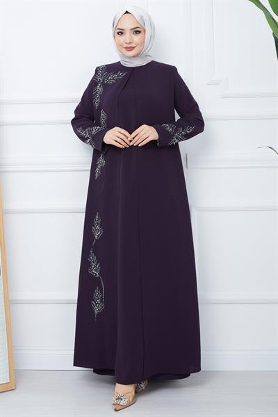 Yaprak Taşlı Büyük Beden Anne Elbisesi Mor SS2350