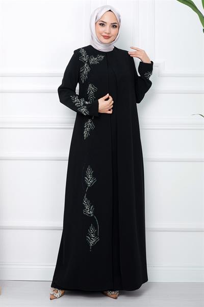 Yaprak Taşlı Büyük Beden Anne Elbisesi Siyah SS2350
