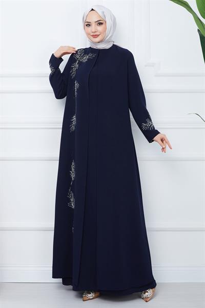 Yaprak Taşlı Büyük Beden Anne Elbisesi Lacivert SS2350