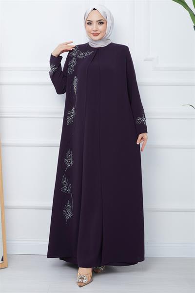 Yaprak Taşlı Büyük Beden Anne Elbisesi Mor SS2350