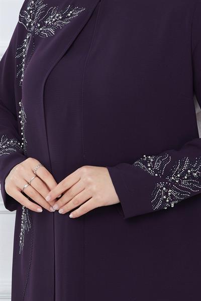 Yaprak Taşlı Büyük Beden Anne Elbisesi Mor SS2350