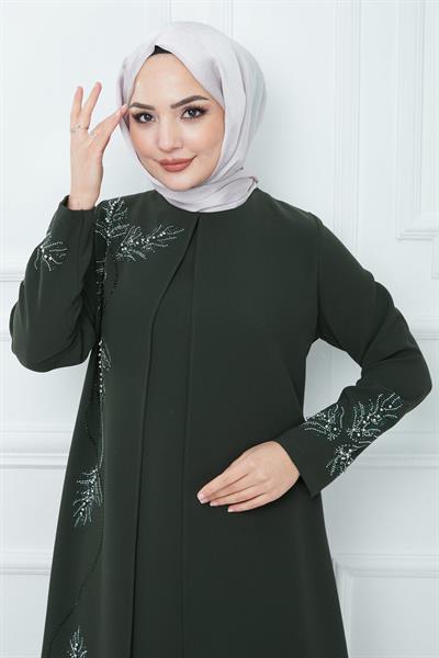 Yaprak Taşlı Büyük Beden Anne Elbisesi Haki SS2350
