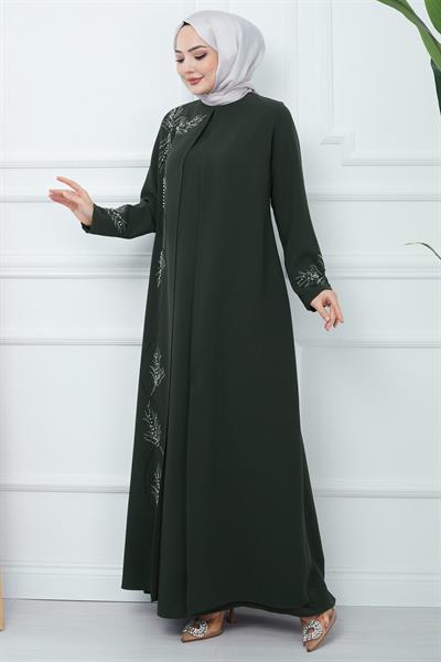Yaprak Taşlı Büyük Beden Anne Elbisesi Haki SS2350