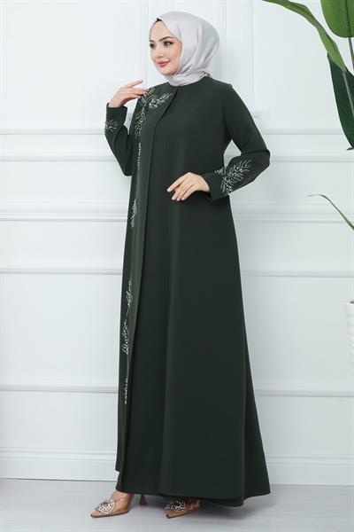 Yaprak Taşlı Büyük Beden Anne Elbisesi Haki SS2350