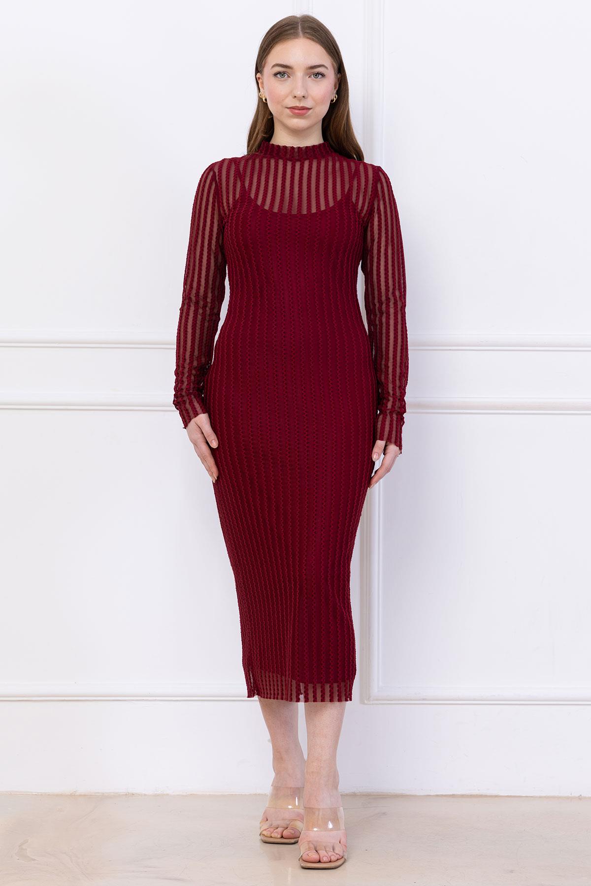 Transparan Elbise Astarlı Bordo SS2745