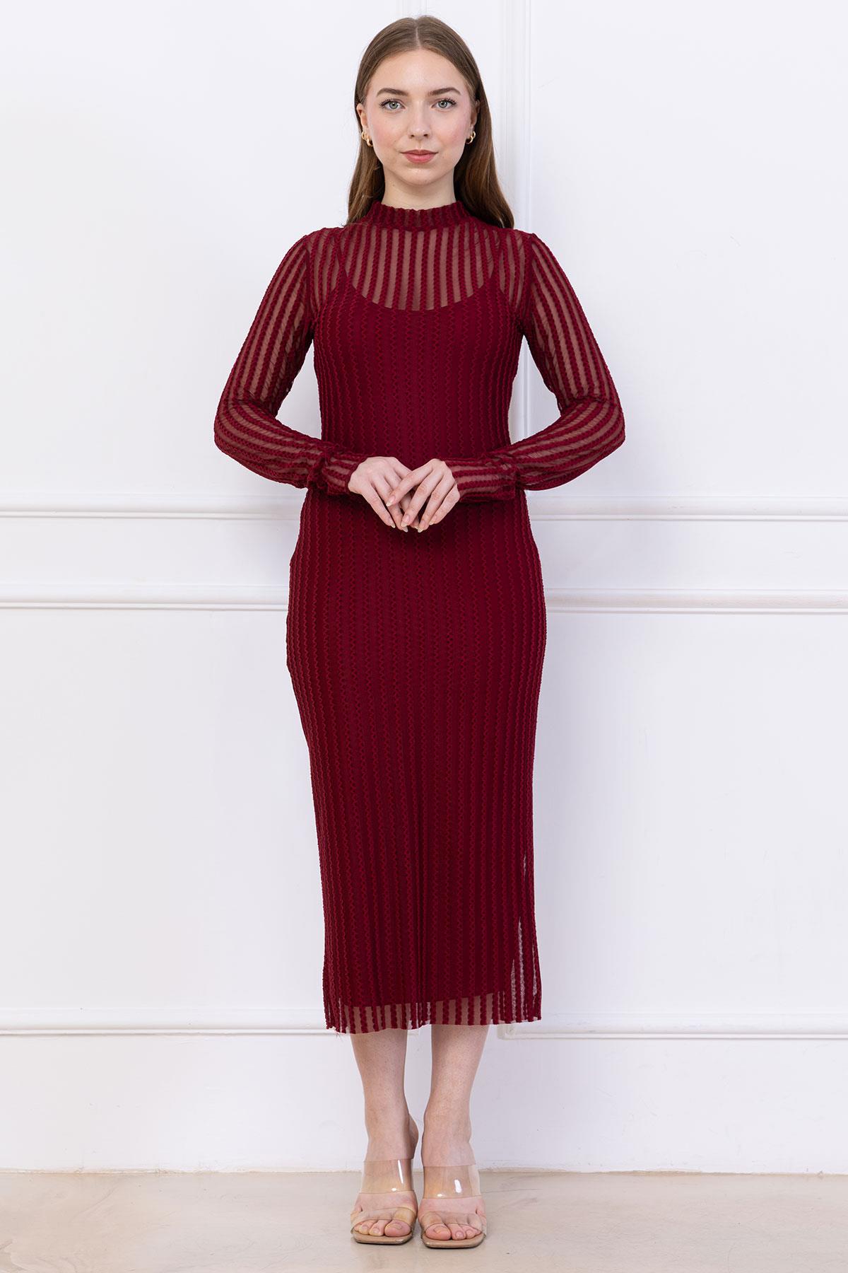 Transparan Elbise Astarlı Bordo SS2745