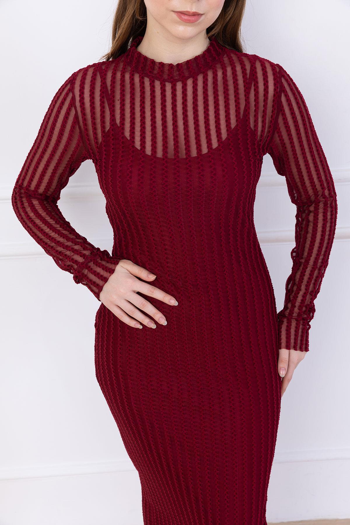 Transparan Elbise Astarlı Bordo SS2745