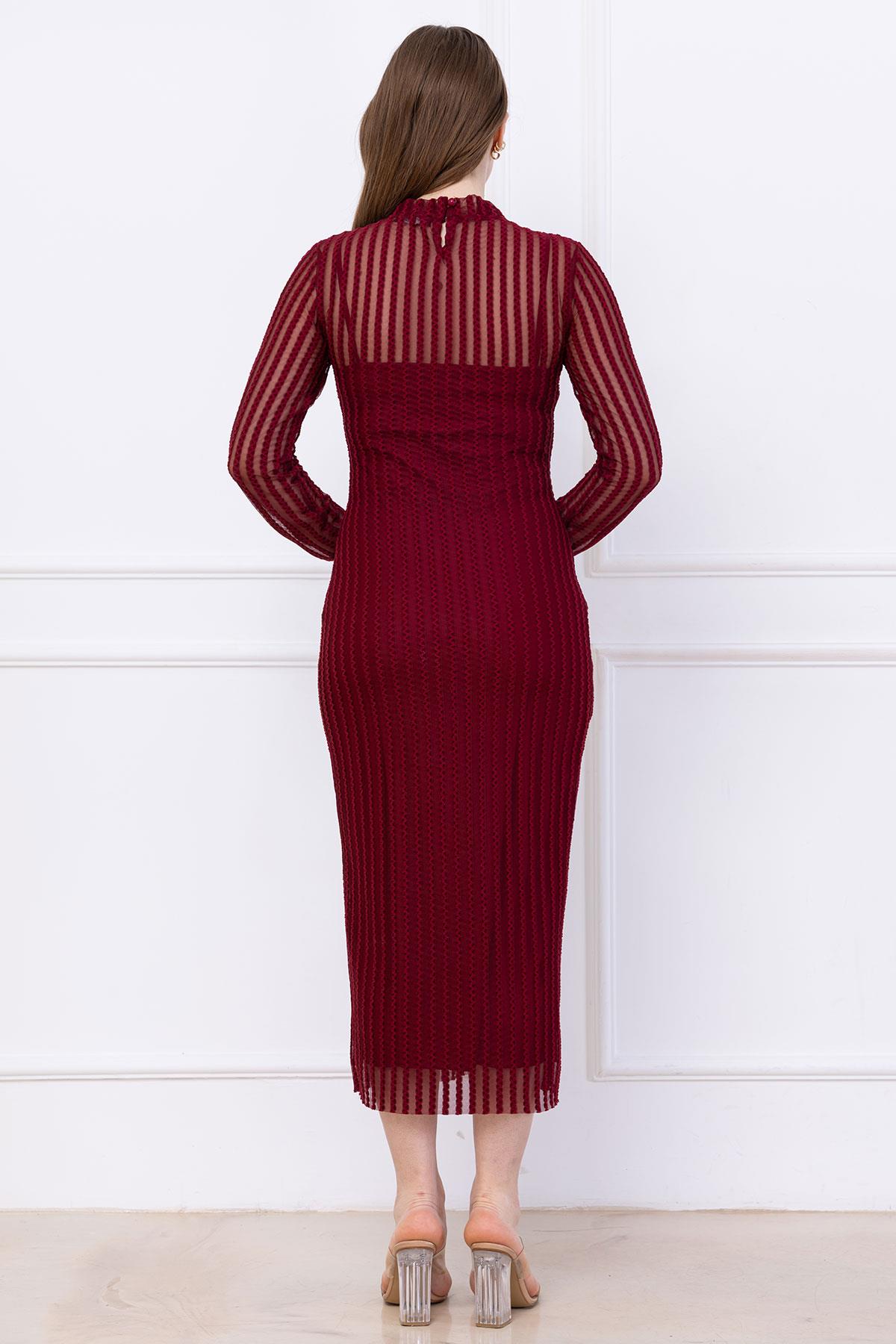 Transparan Elbise Astarlı Bordo SS2745