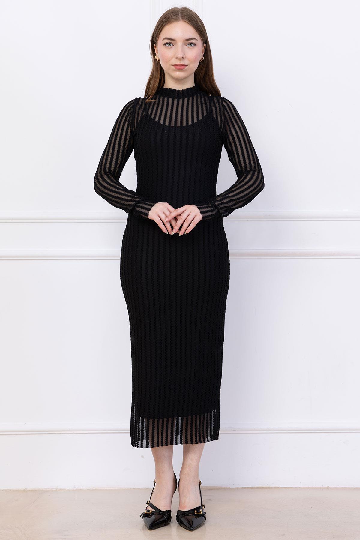 Transparan Elbise Astarlı Siyah SS2745