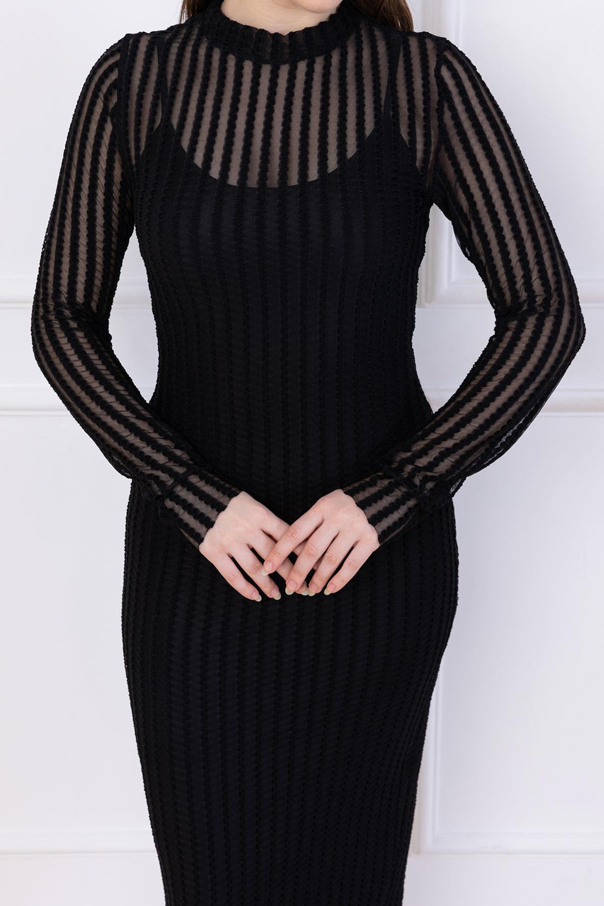 Transparan Elbise Astarlı Siyah SS2745