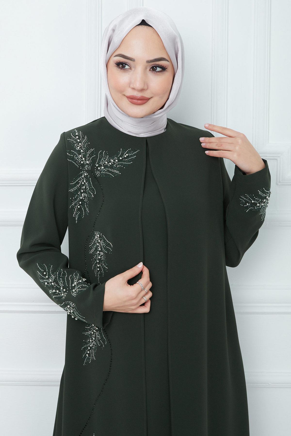 Yaprak Taşlı Büyük Beden Anne Elbisesi Haki SS2350