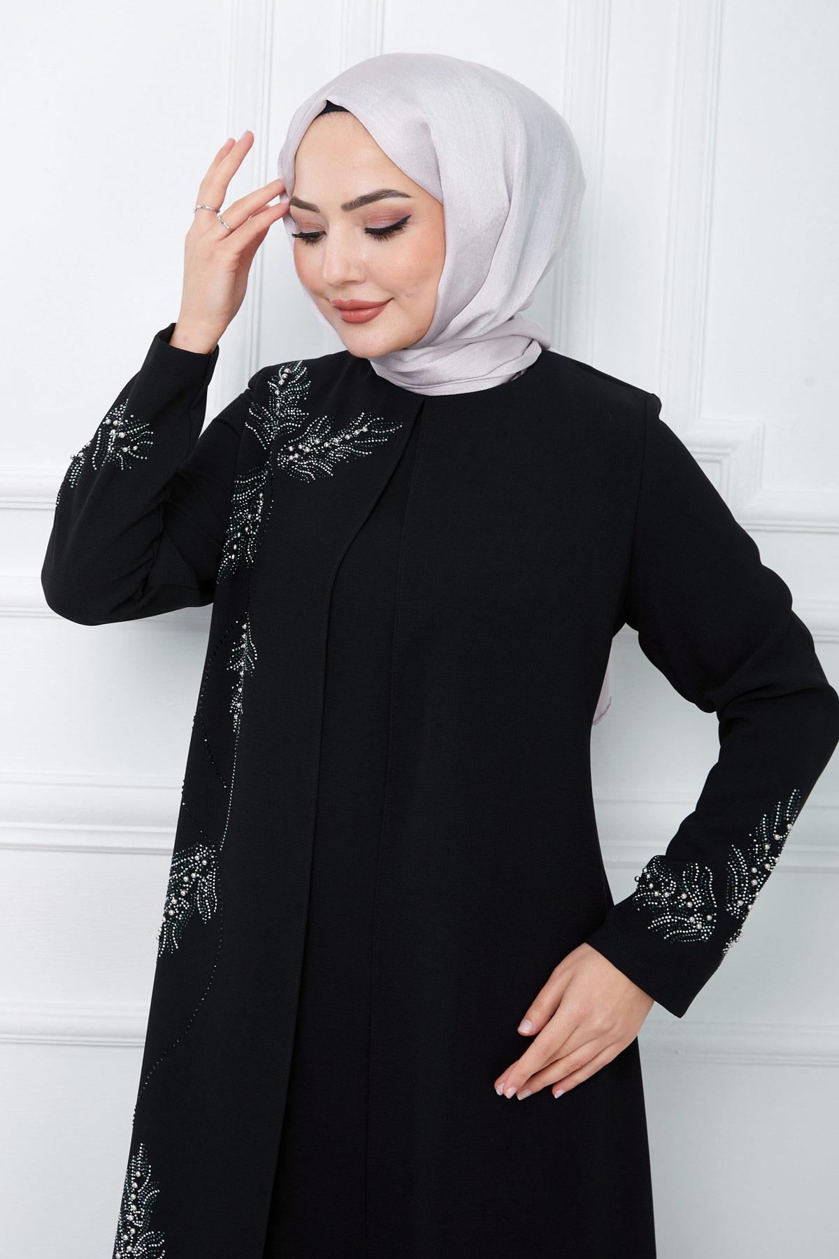 Yaprak Taşlı Büyük Beden Anne Elbisesi Siyah SS2350