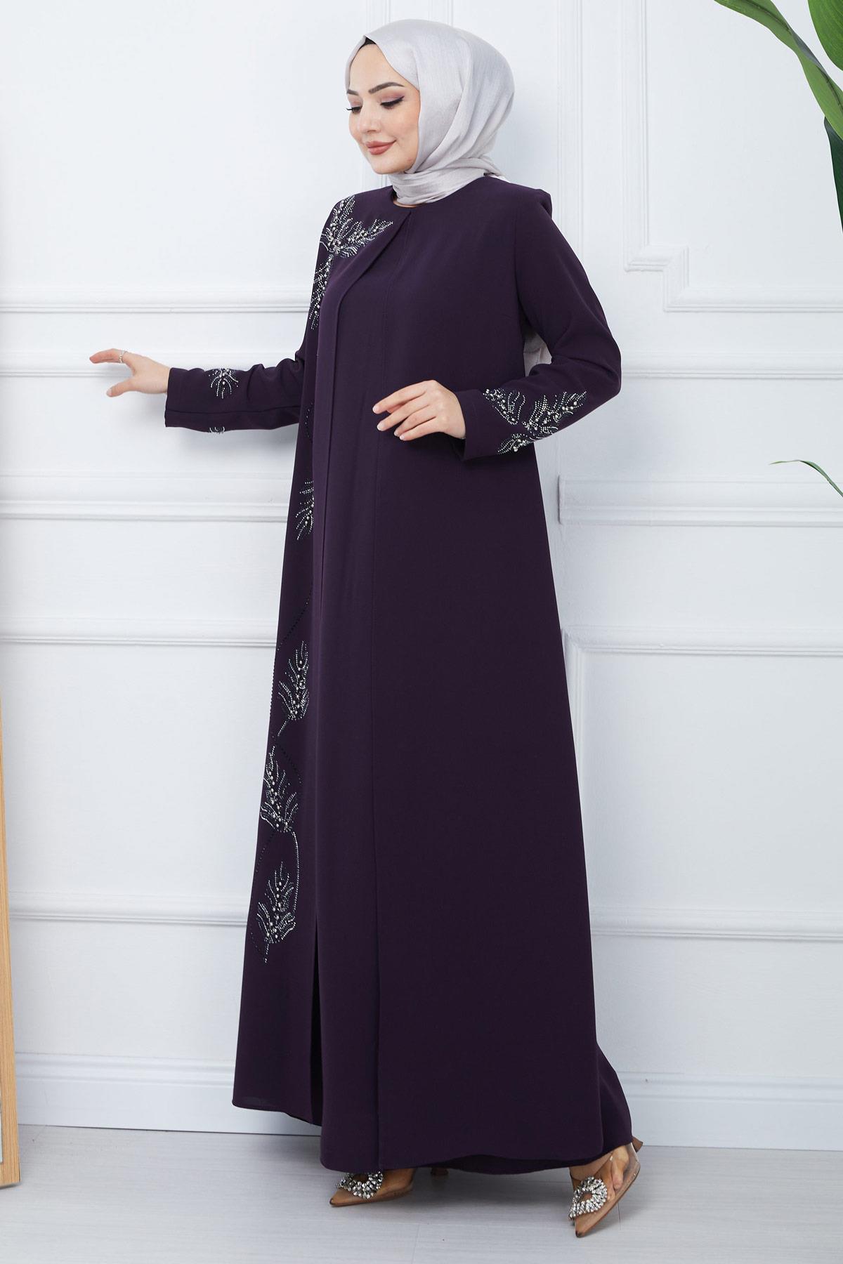 Yaprak Taşlı Büyük Beden Anne Elbisesi Mor SS2350