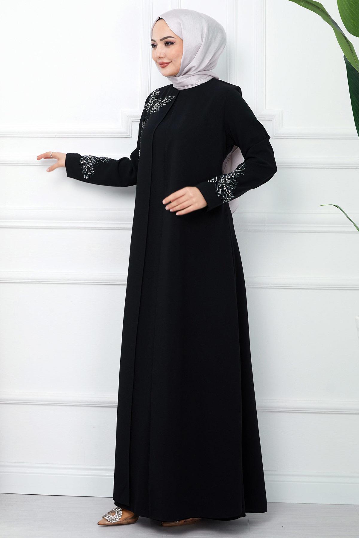 Yaprak Taşlı Büyük Beden Anne Elbisesi Siyah SS2350