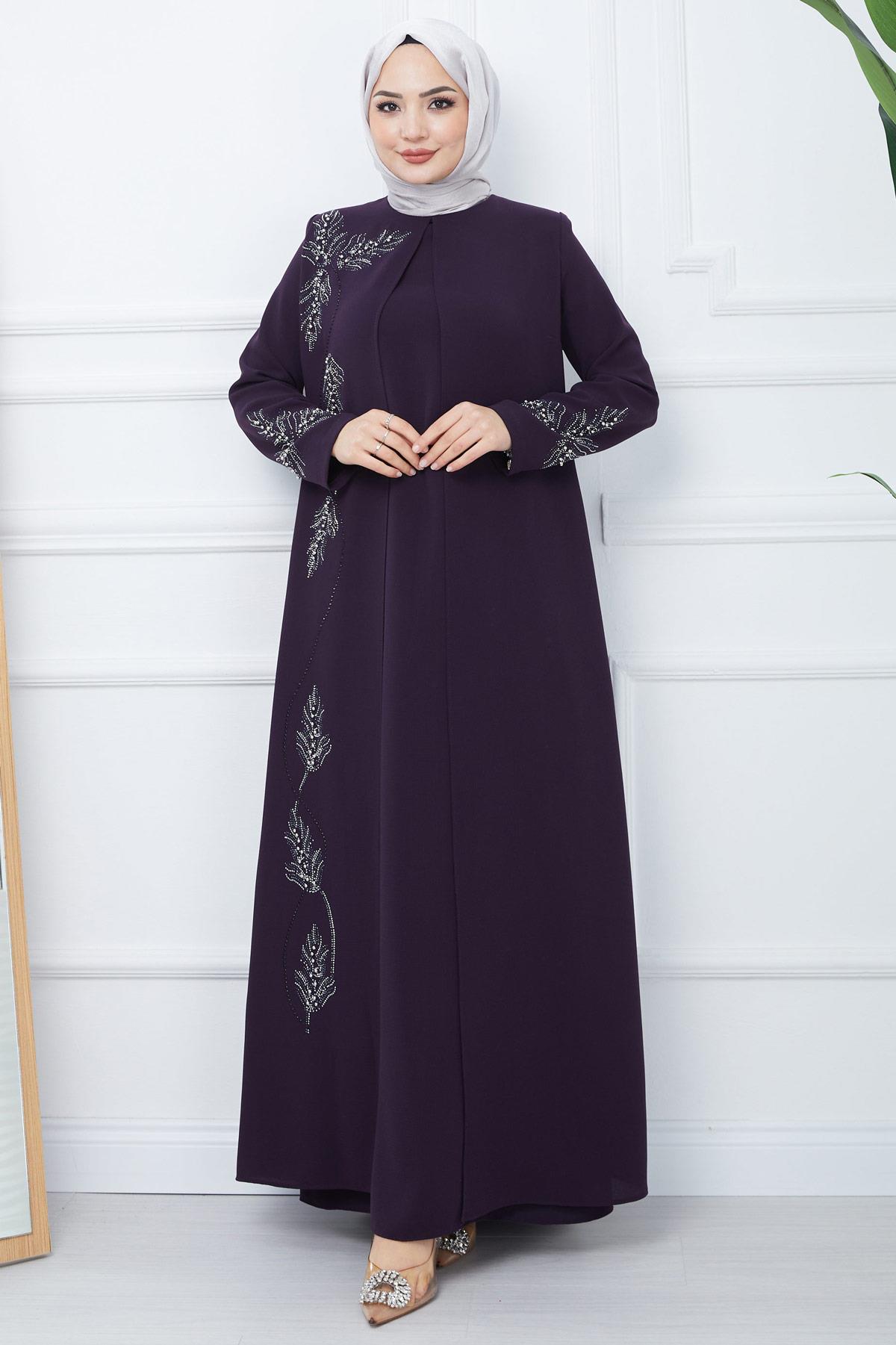 Yaprak Taşlı Büyük Beden Anne Elbisesi Mor SS2350