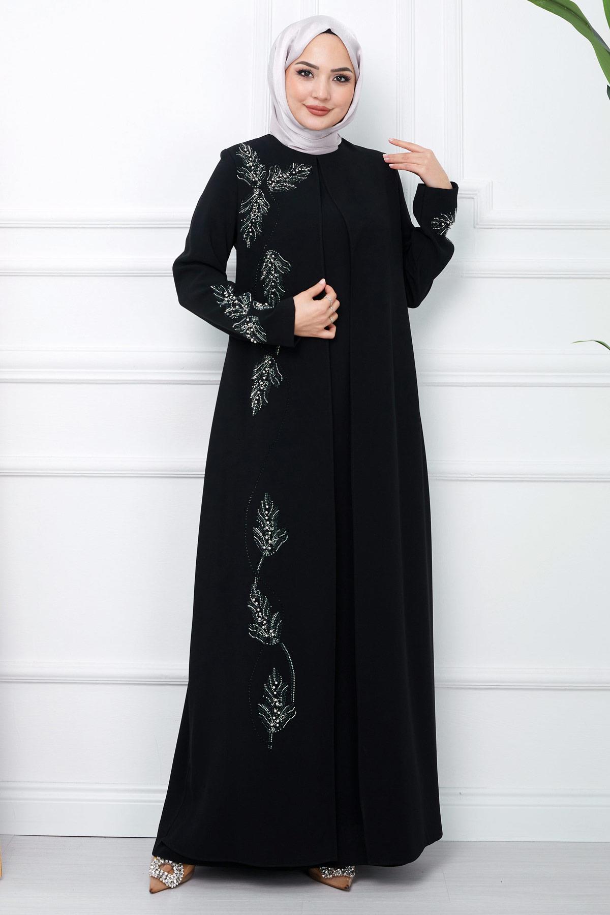 Yaprak Taşlı Büyük Beden Anne Elbisesi Siyah SS2350