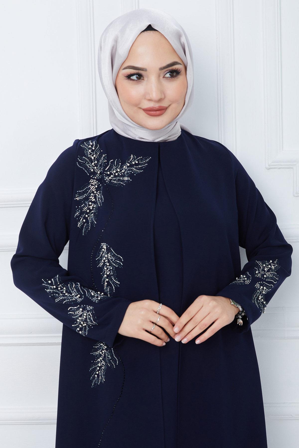 Yaprak Taşlı Büyük Beden Anne Elbisesi Lacivert SS2350