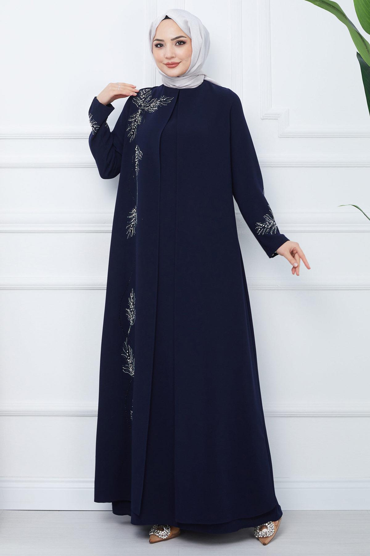Yaprak Taşlı Büyük Beden Anne Elbisesi Lacivert SS2350