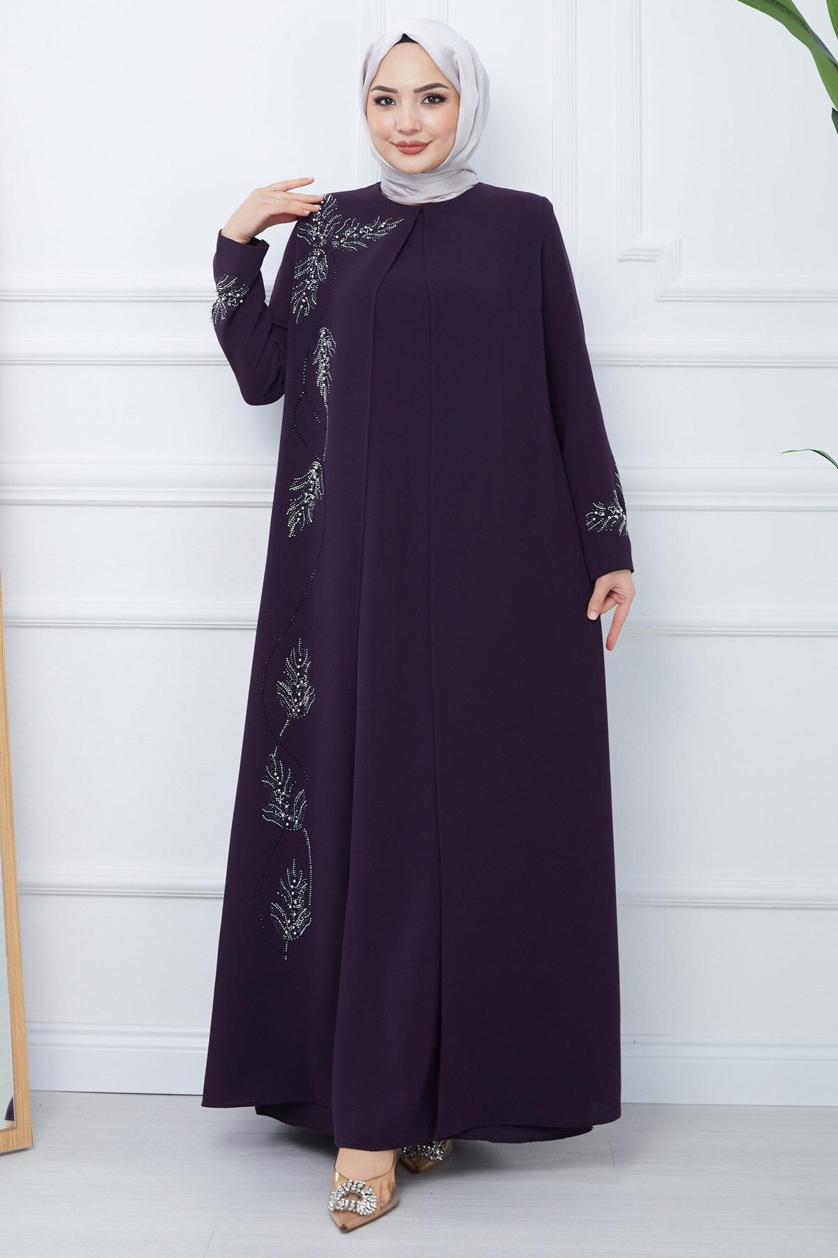 Yaprak Taşlı Büyük Beden Anne Elbisesi Mor SS2350