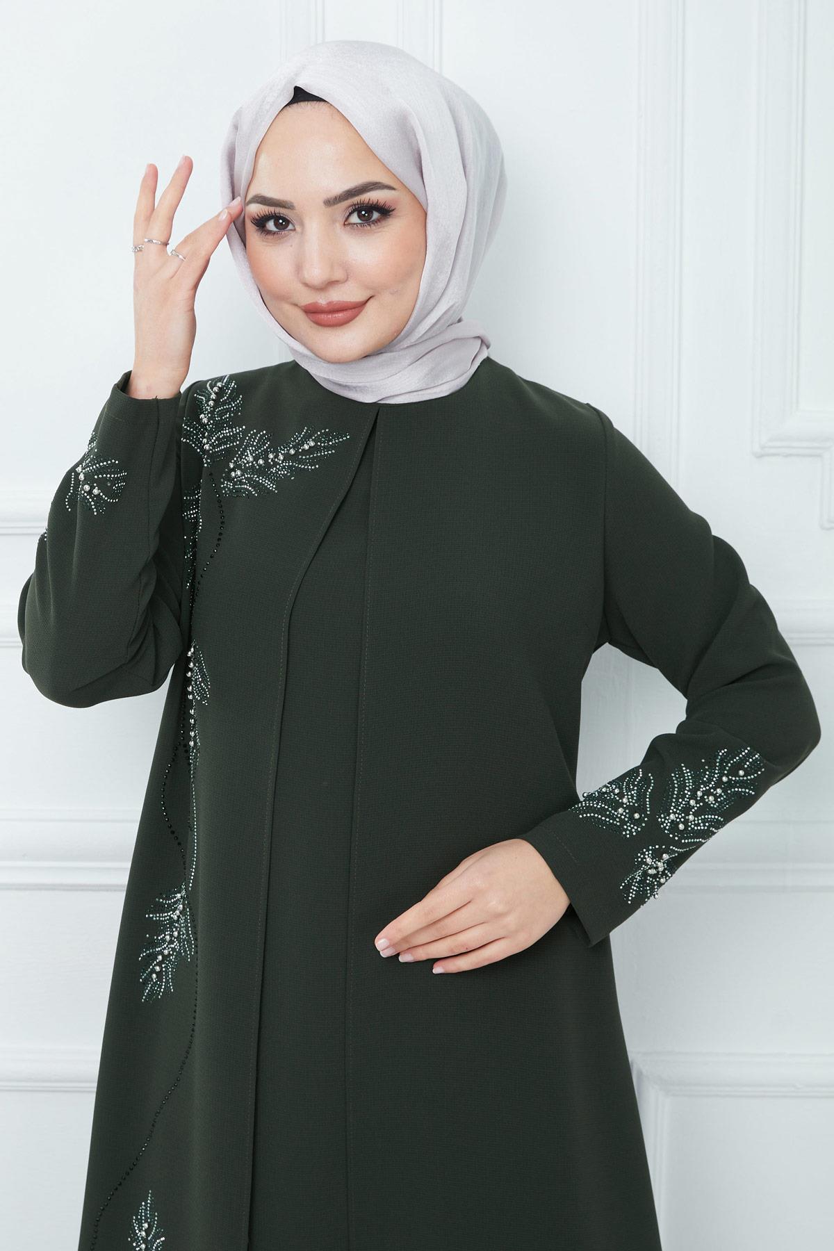 Yaprak Taşlı Büyük Beden Anne Elbisesi Haki SS2350