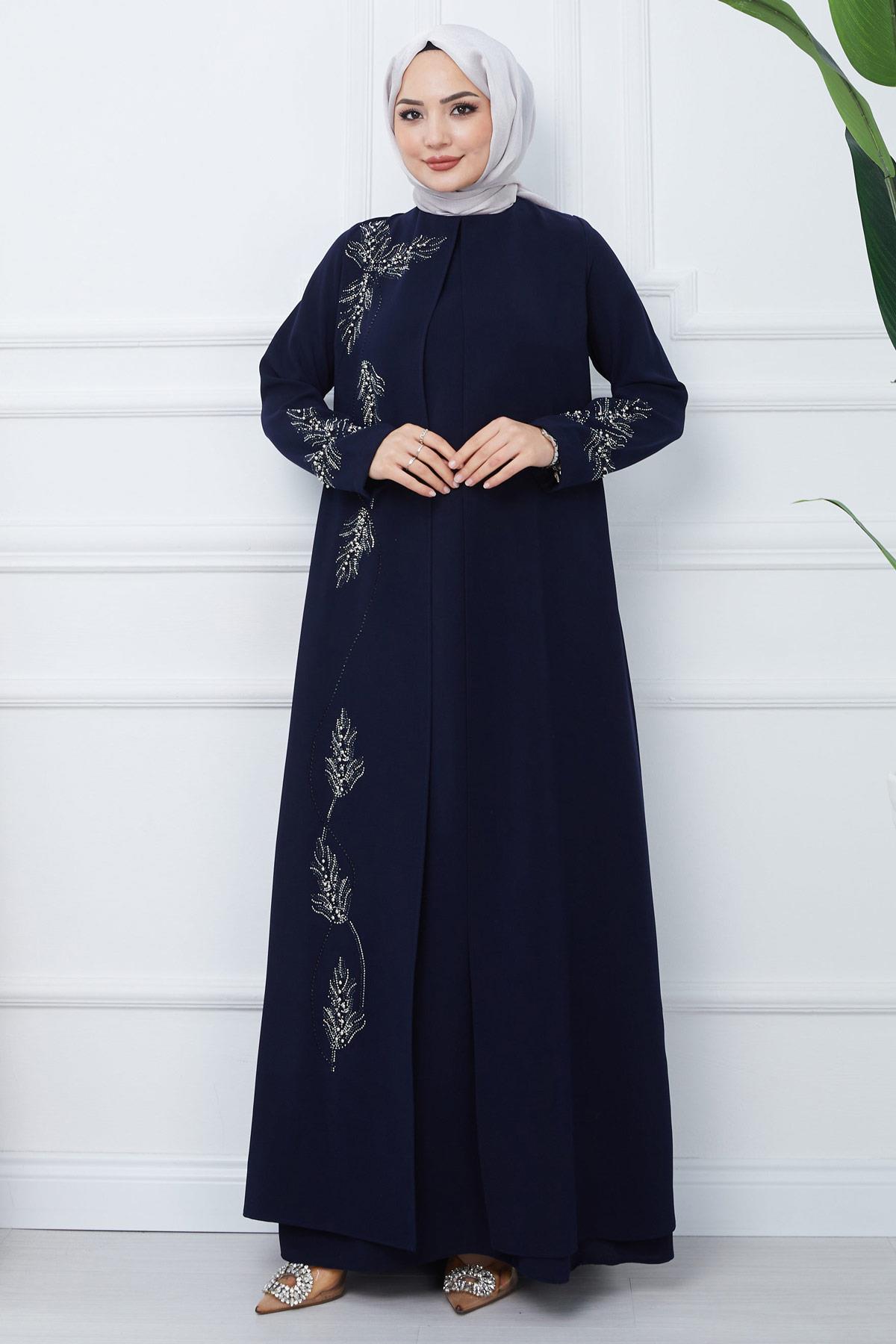 Yaprak Taşlı Büyük Beden Anne Elbisesi Lacivert SS2350
