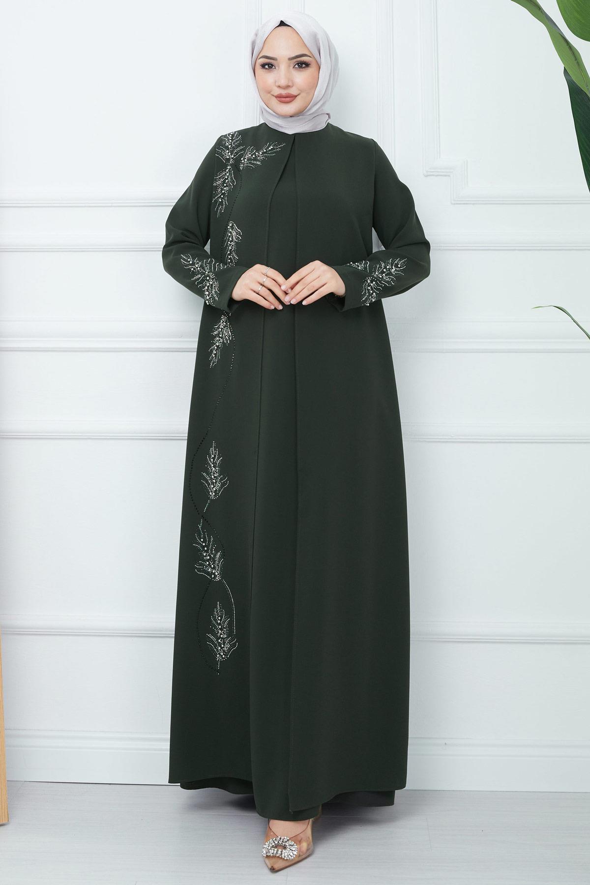 Yaprak Taşlı Büyük Beden Anne Elbisesi Haki SS2350
