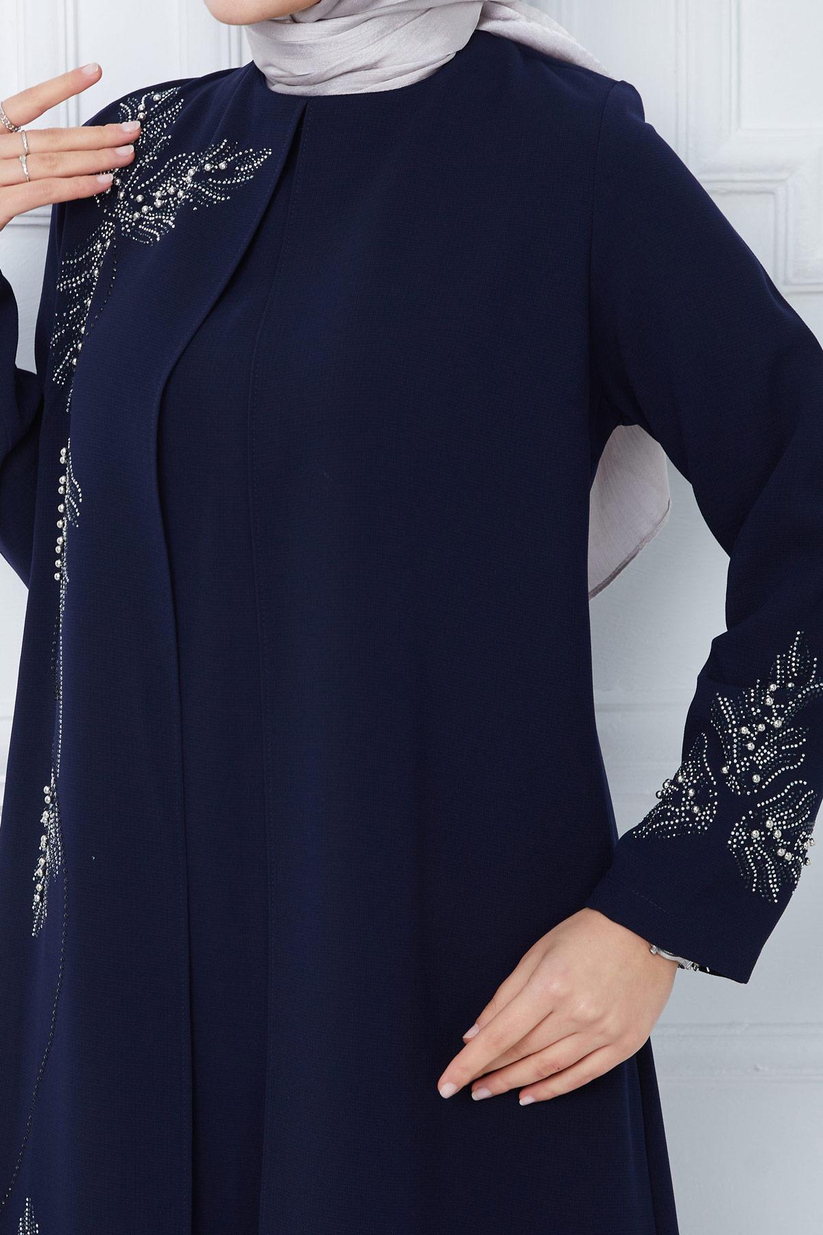 Yaprak Taşlı Büyük Beden Anne Elbisesi Lacivert SS2350