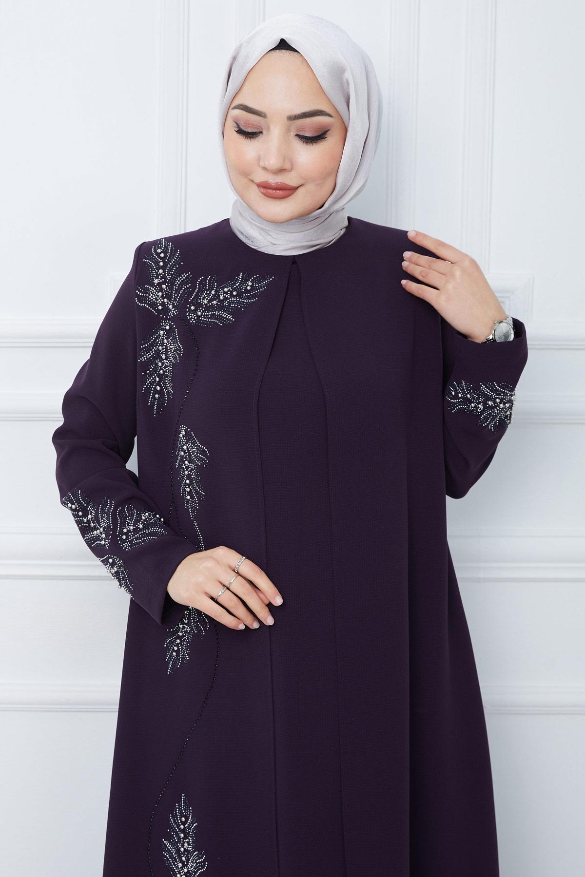 Yaprak Taşlı Büyük Beden Anne Elbisesi Mor SS2350
