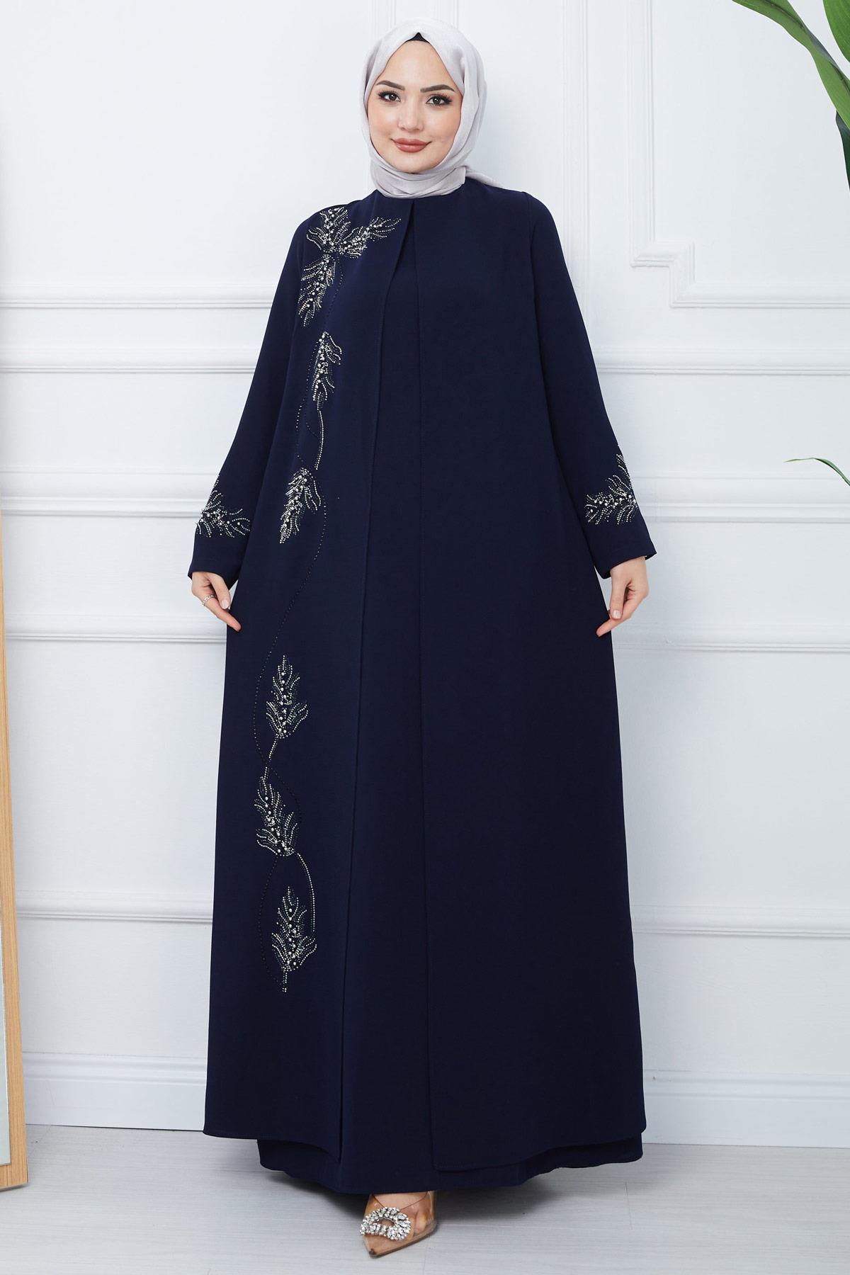 Yaprak Taşlı Büyük Beden Anne Elbisesi Lacivert SS2350