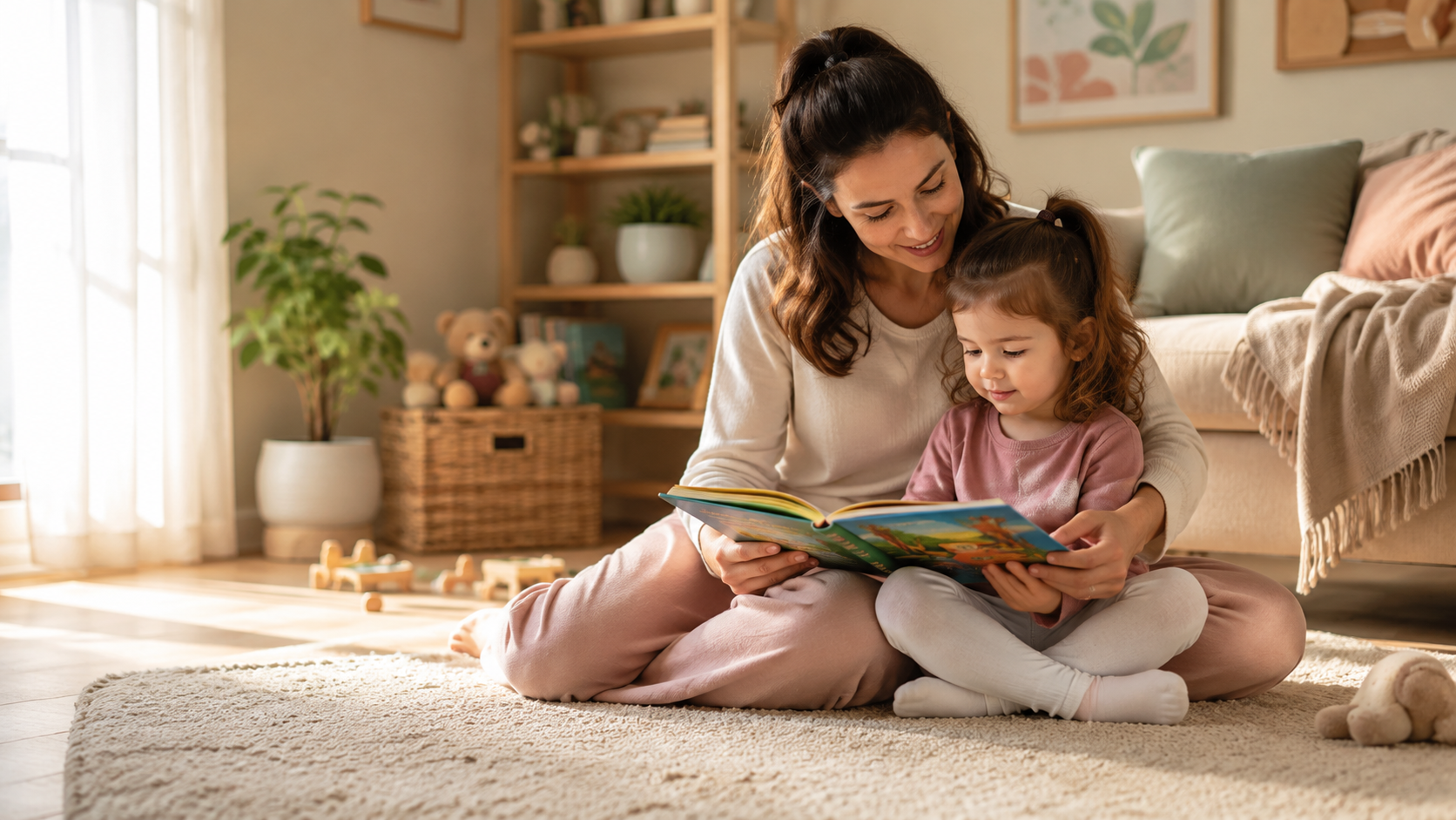 Anne ve çocuğun birlikte kitap okuduğu sıcak aile anı
