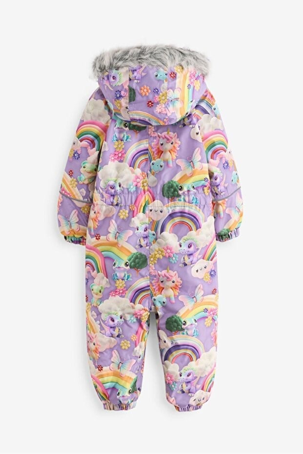 Next Baby Kız Çocuk Su Geçirmez Suni Kürk Süslemeli Baskılı Mor Unicorn Kar Tulumu