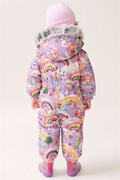 Next Baby Kız Çocuk Su Geçirmez Suni Kürk Süslemeli Baskılı Mor Unicorn Kar Tulumu
