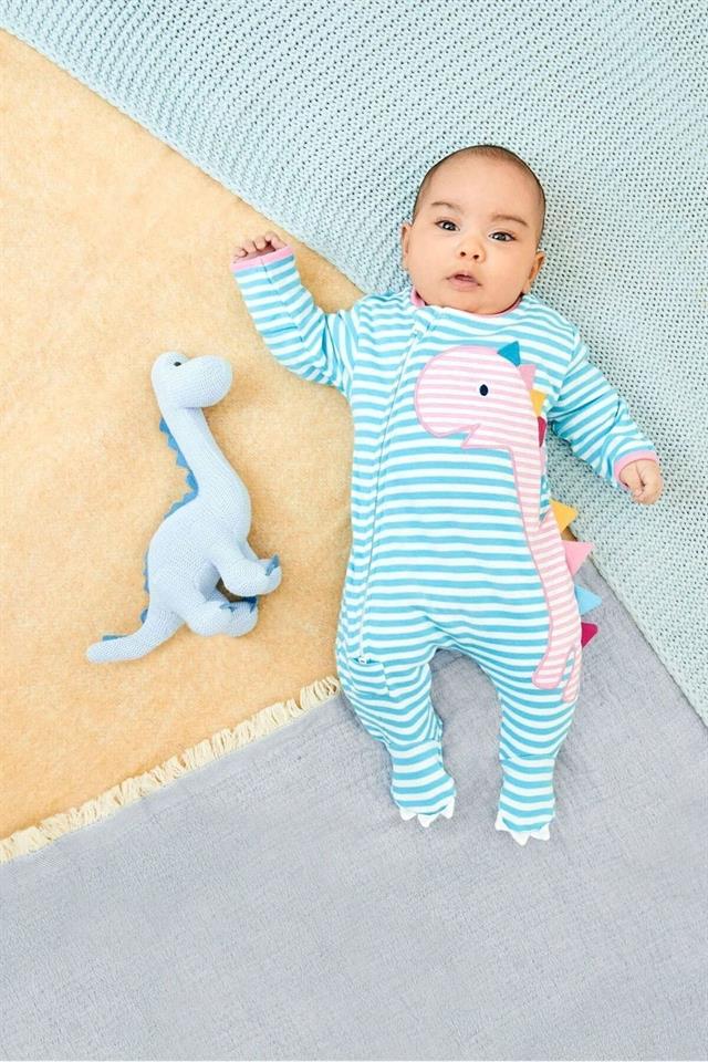 JoJo Maman Bébé Dino Aplike Çizgili Fermuarlı Uyku Tulumu