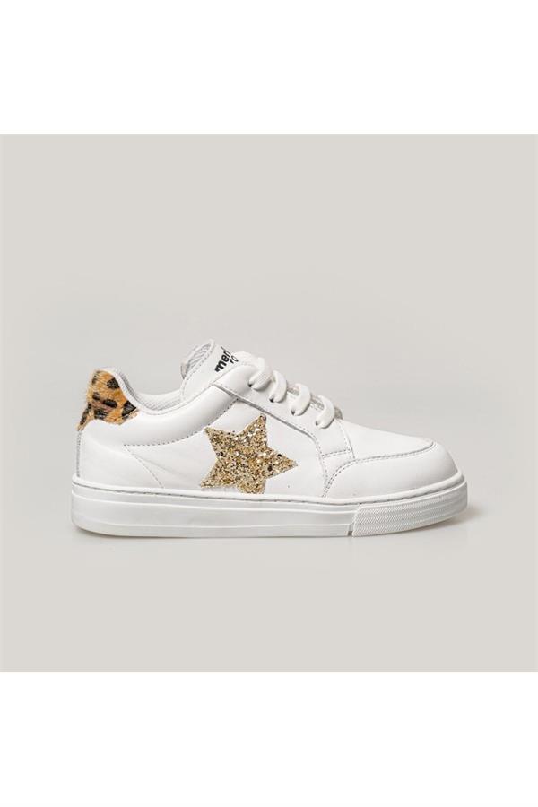 Star Deri Sneaker Beyaz Gold Leopar