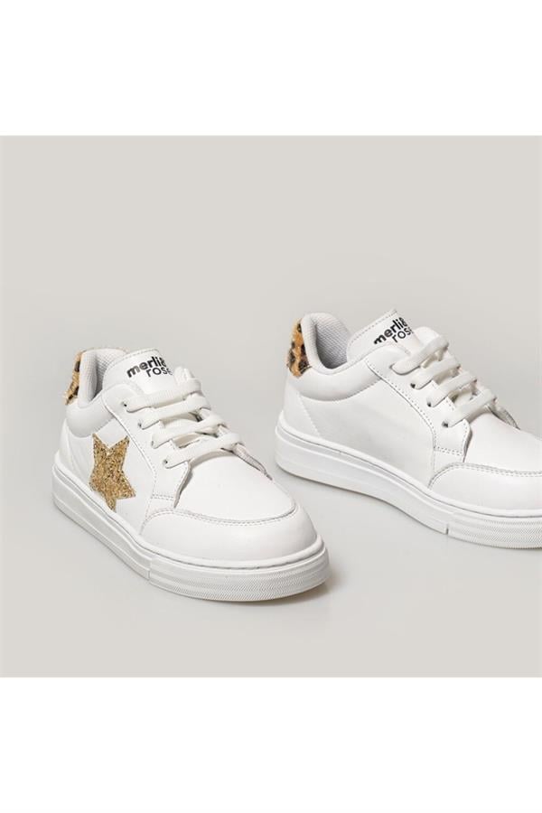 Star Deri Sneaker Beyaz Gold Leopar