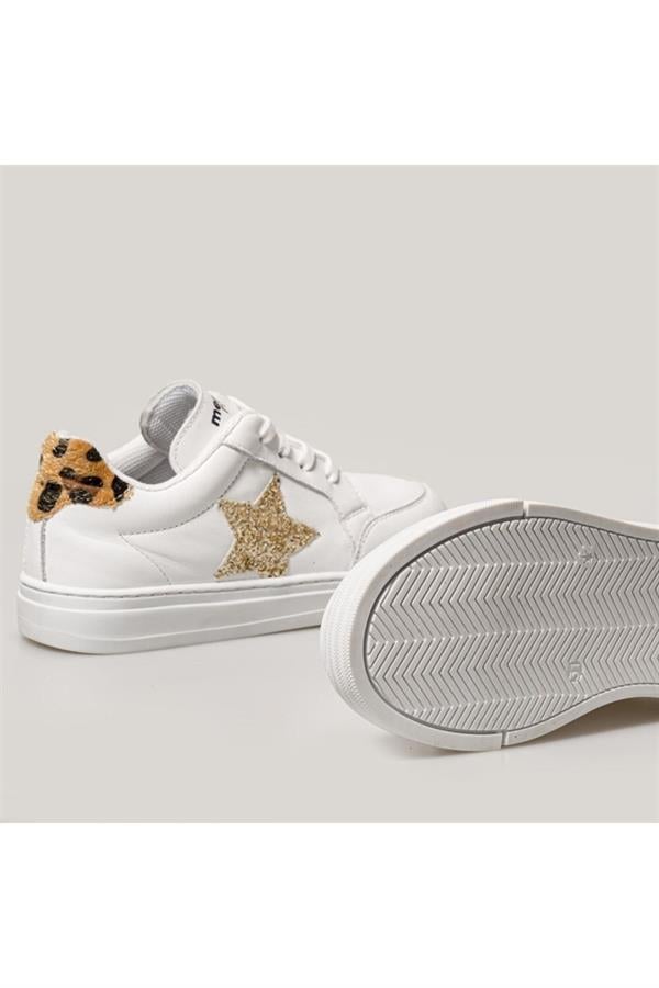 Star Deri Sneaker Beyaz Gold Leopar